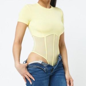 Women's Fashion Sexy Trendy Short Sleeve ribbed bodysuit mesh top Yellow